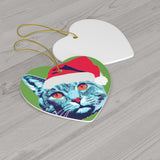 Blue Christmas Cat Ceramic Heart Ornament