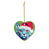 Blue Christmas Cat Ceramic Heart Ornament