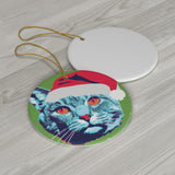 Blue Christmas Cat Ceramic Heart Ornament