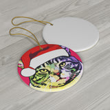 Fat Cat Santa Ceramic Heart Ornament