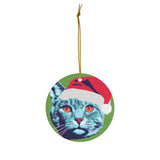 Blue Christmas Cat Ceramic Heart Ornament